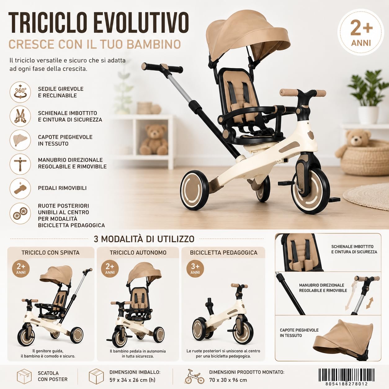Triciclo Pieghevole per Bambini 1-4 Anni con Manubrio per Genitori - Bicicletta Evolutiva fino a 20kg - Monopattino Bambino Regolabile con Struttura Ergonomica, Beige (Premium)