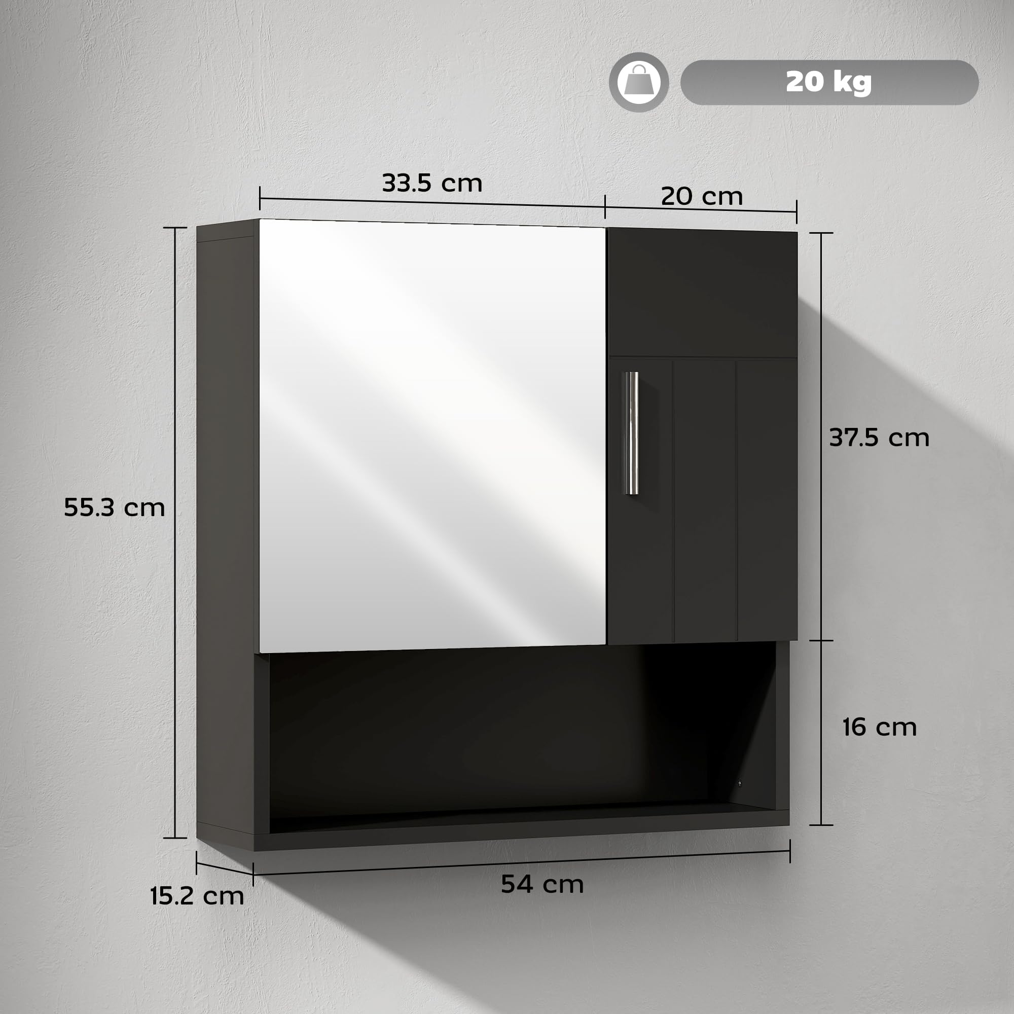 kleankin Espejo de baño con estantes ajustables 54x15.2x55.3cm Negro | Armario espejo de baño con almacenamiento, 2 puertas, estante abierto, madera y vidrio.