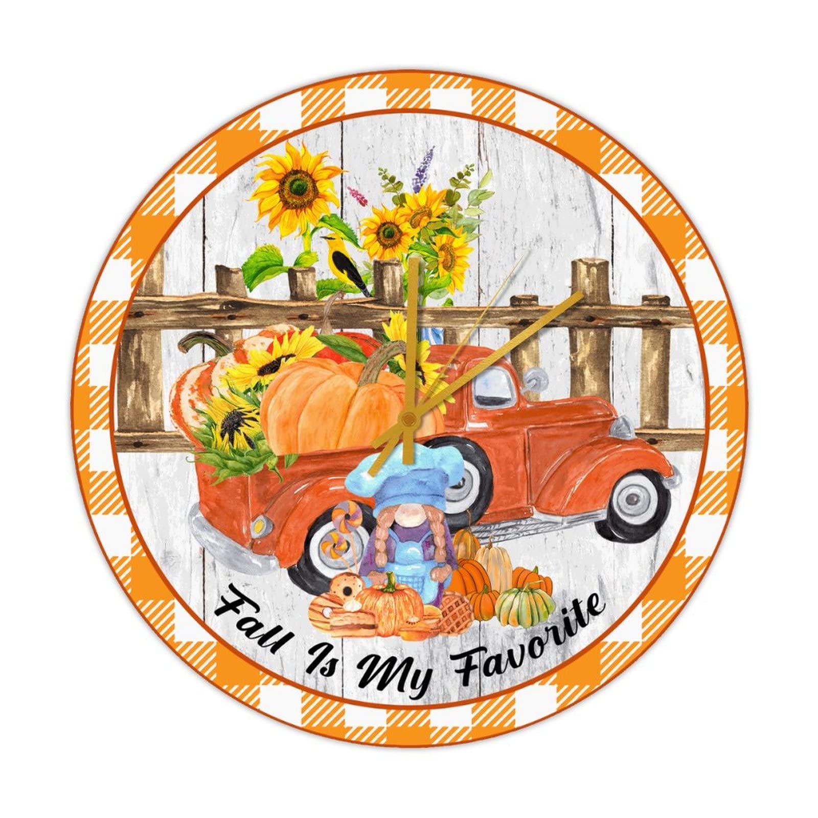 Horloge murale ronde en bois vintage camion gnome d'automne silencieuse 38cm