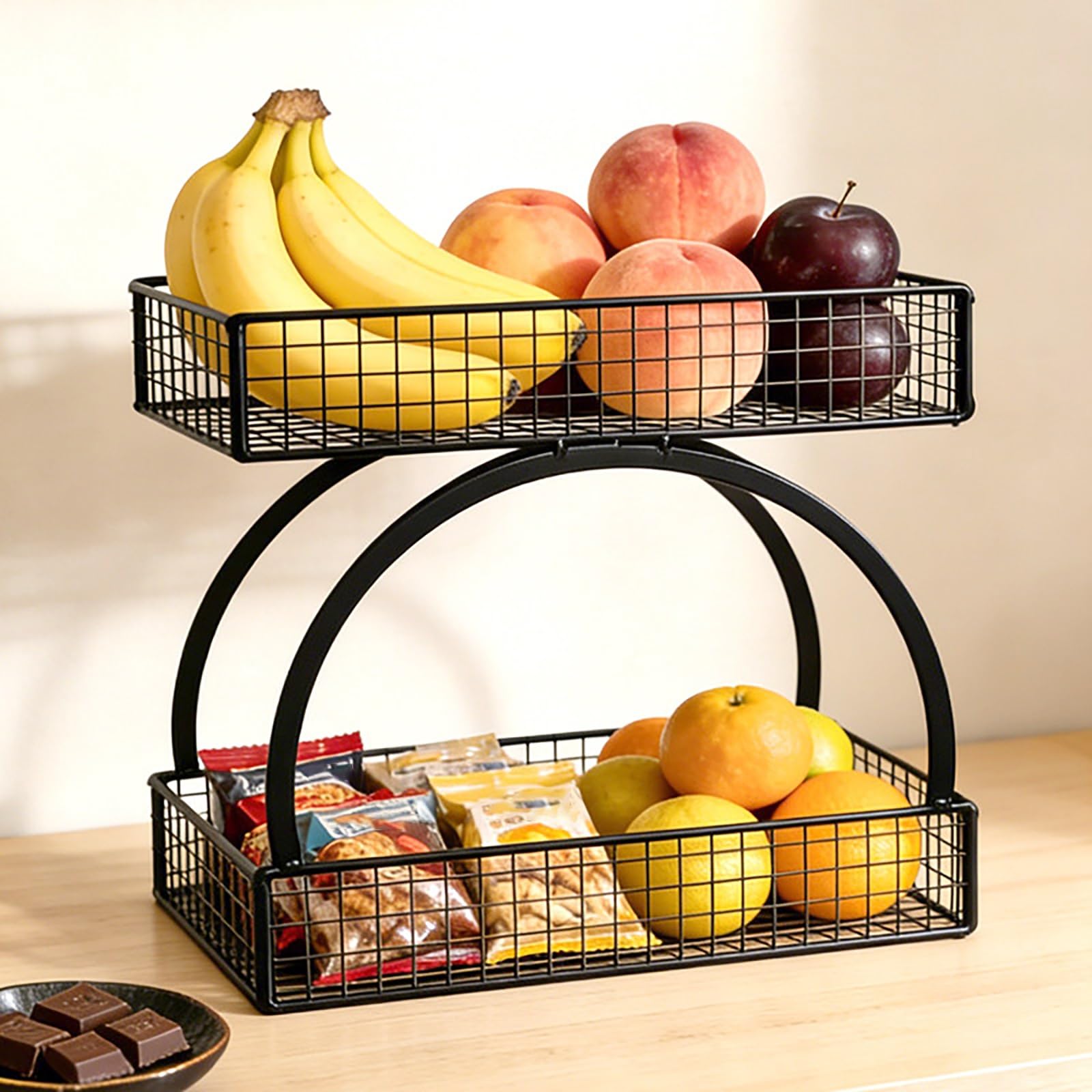 YYLMKMFC-AE 2 Tier Fruit Basket For Kitchen Counter Stainless Steel Bowl Holder No Assembly Required Wire Vegetable Storage Organizer Mesh(Black)