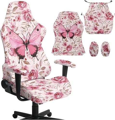 Juego de 4 fundas elásticas para sillas de oficina, color rosa, con brazos, diseño de rosas y gatos, diseño de mariposas