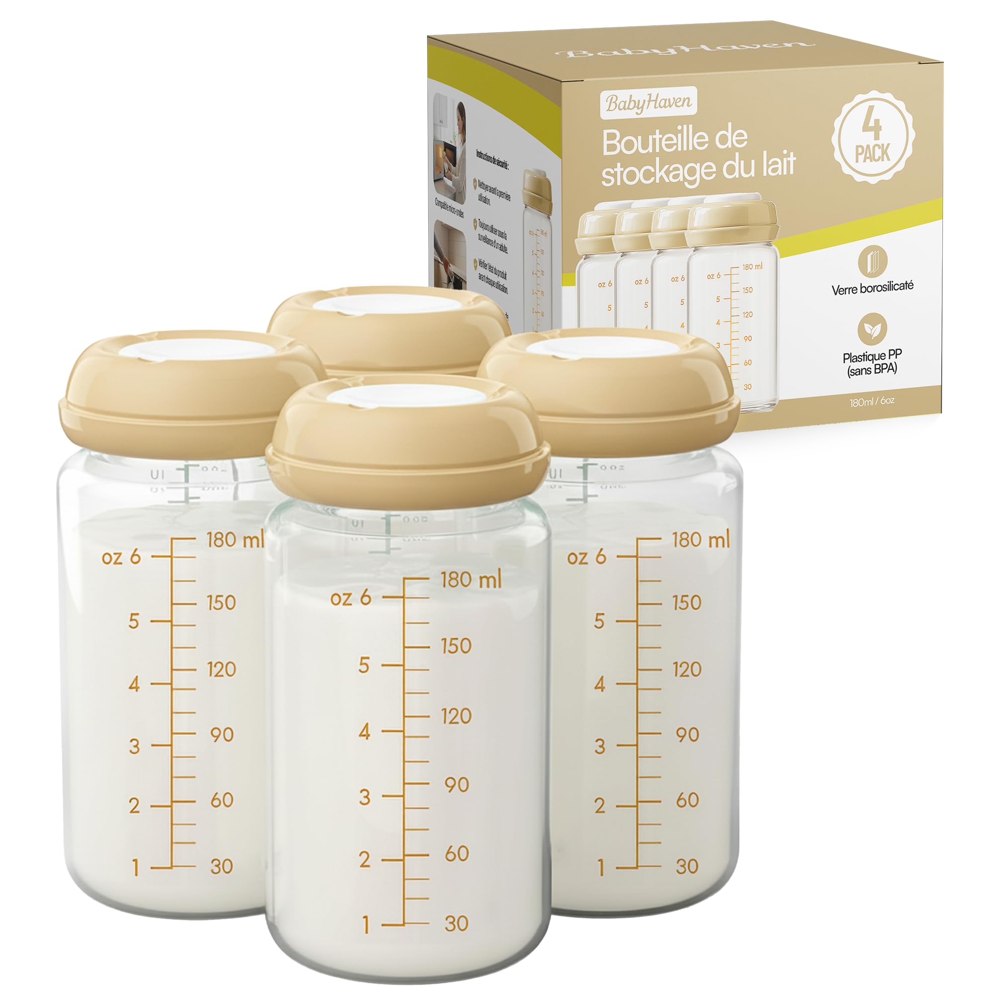 4 biberon in vetro da 180 ml per latte materno – senza BPA – compatibili al 99% tettarelle – lavastoviglie, frigorifero, congelatore e forno a microonde