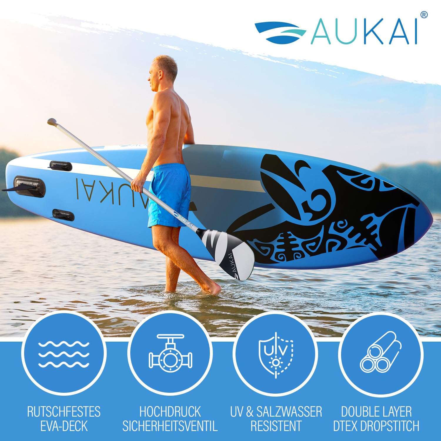 AUKAI SUP Board PRO 320cm | 2in1 Aufblasbares Stand up Paddle Set mit Kajak-Sitz | 5 Jahre Garantie | Komplettsett | Sitz, Action-Cam-Halterung, Pumpe