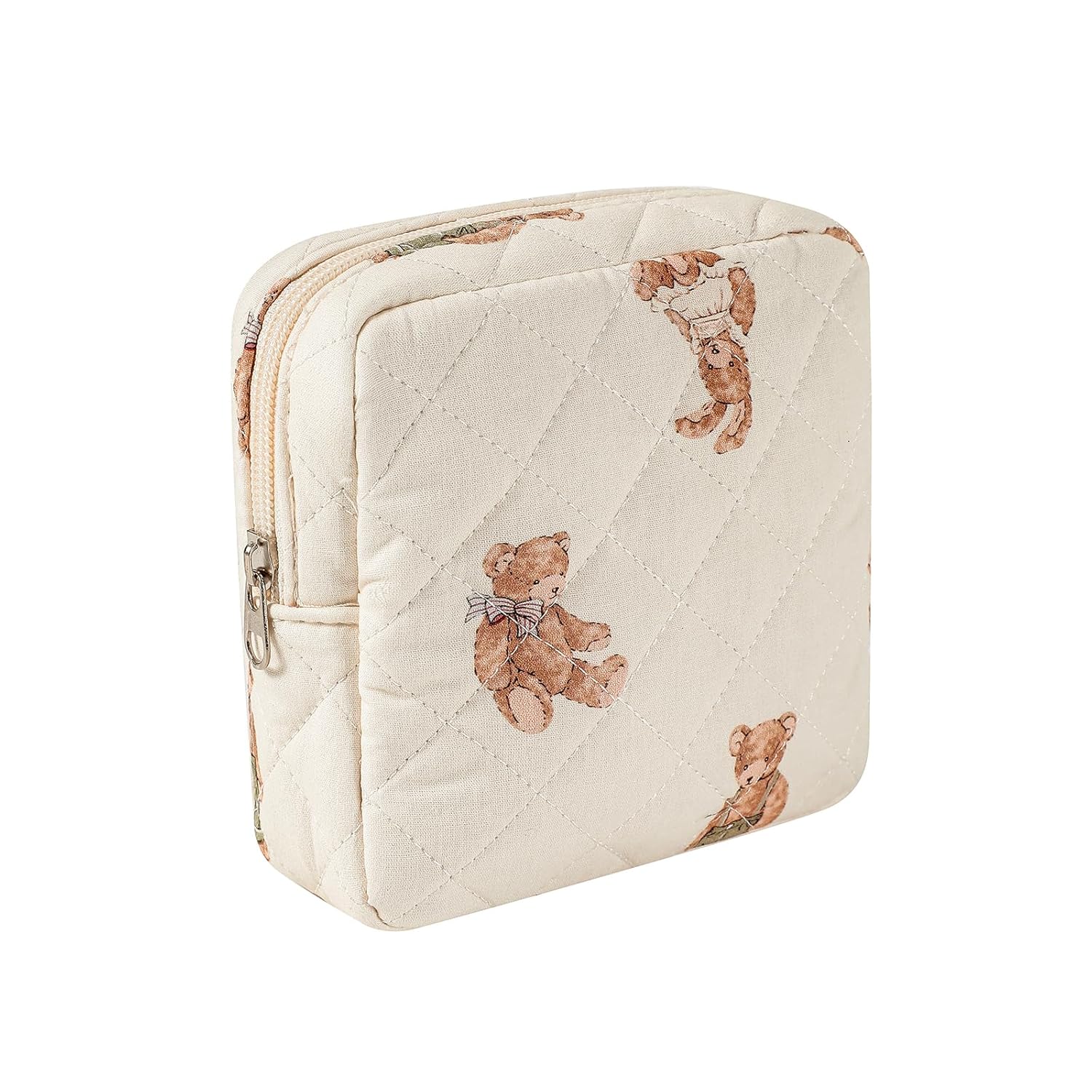 uekeboag Small Quilted Cotton Makeup Bag for Purse, Cosmetic Bag with Compartments, Cotton Aesthetic Makeup Bag, Travel Toiletry Pouch, Key Pocket Lipstick Bag Card Holder Data Cable Organizer（01White Bear） 7ounces