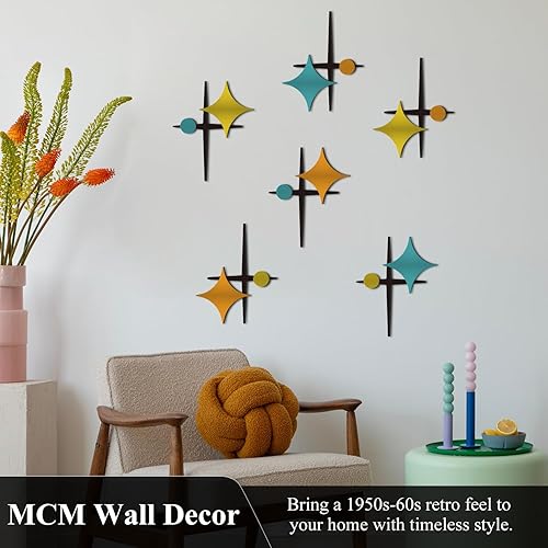 Vista 3 de LiveInUrban Starburst - Decoración de pared moderna de mediados de siglo, cruz retro, estrellas atómicas, arte de pared acrílico, 6 unidades Retro