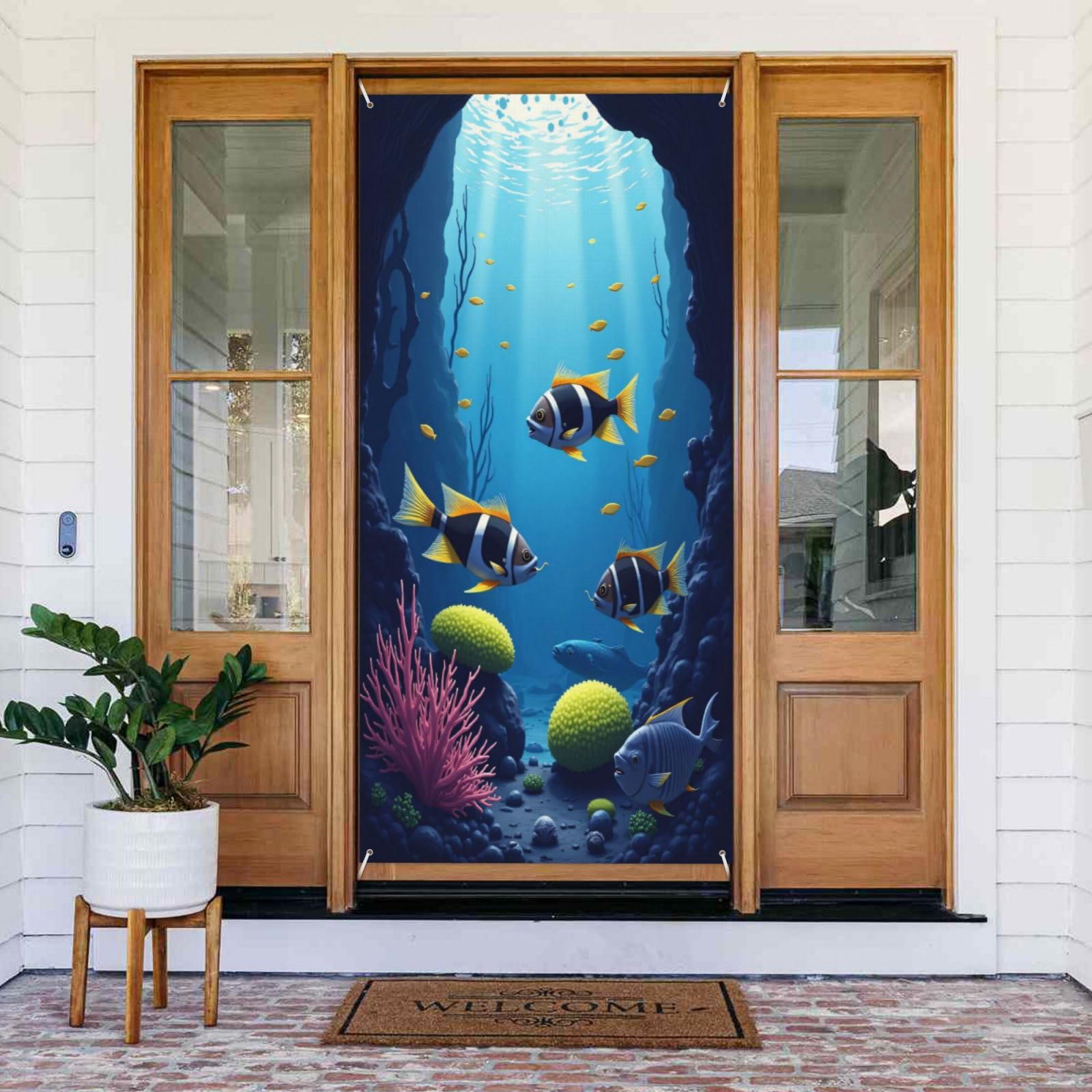 Door Covers Decorations - Realistic Seabed Clownfish Print No.7 Fall Winter Door Banners for Front, Spring Summer Sign Cover Banner Hanging Backdrop for Outdoor Indoor Eve Wall Decor Supplies 6x3 Ft
