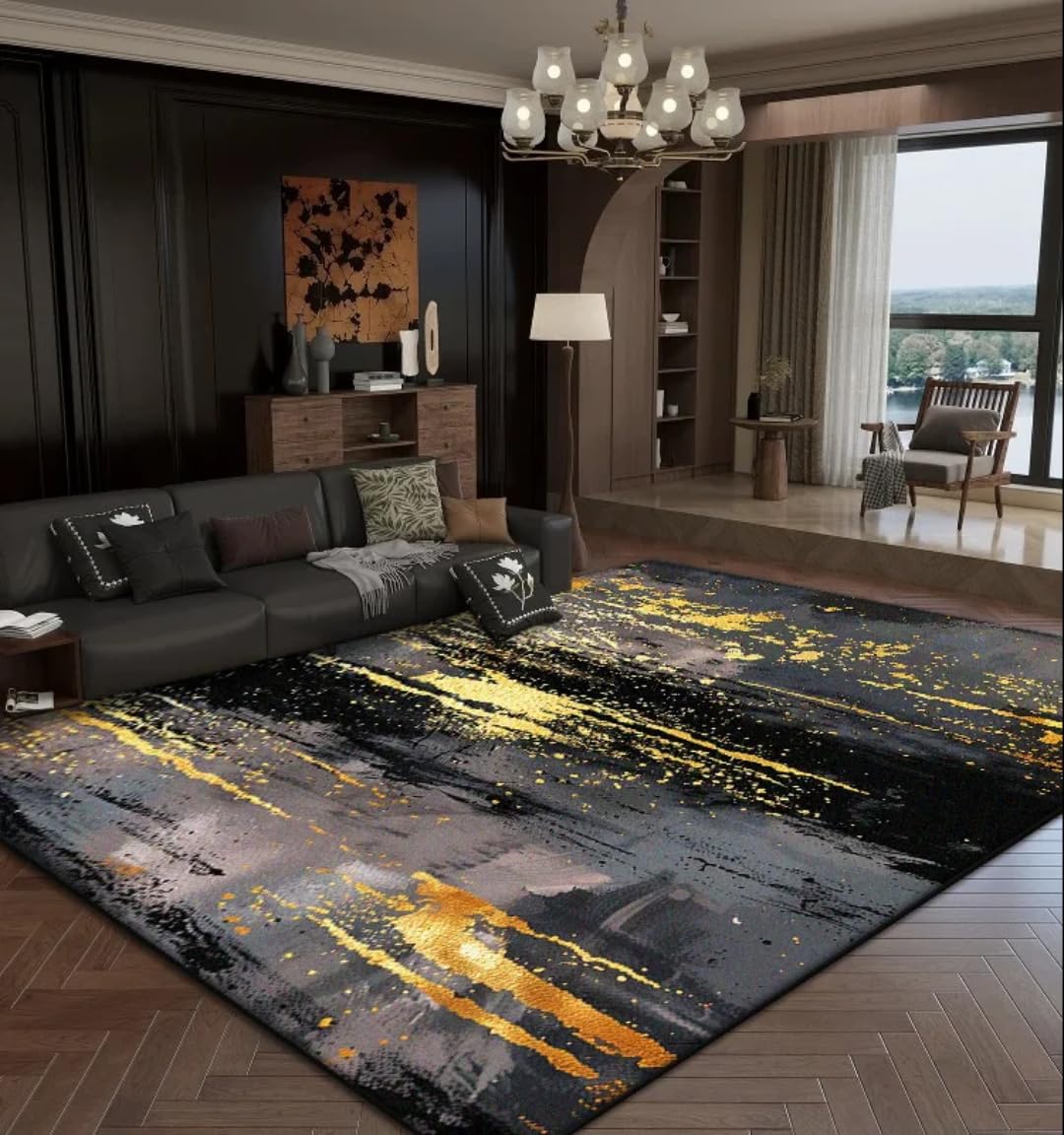 Tapis de salon abstrait chic doré 200x400 cm en flanelle douce pour grand séjour moderne