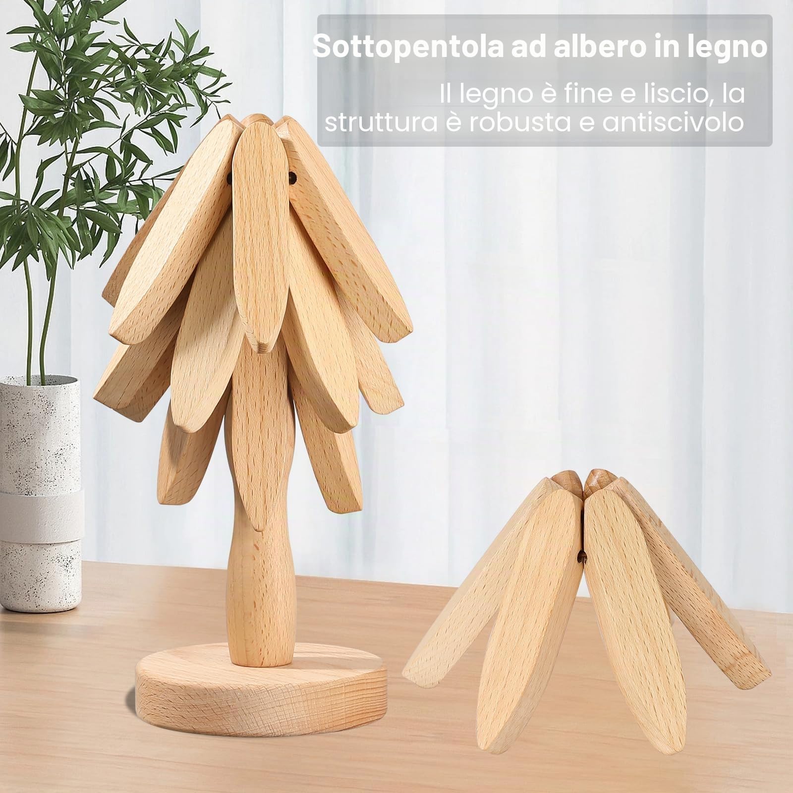 Sottopentola in legno per piatti caldi, a forma di albero di Natale, 4 sottopentola in legno + 1 supporto per riporre come un albero, in legno di faggio per pentole calde, padelle, ciotole, teiere