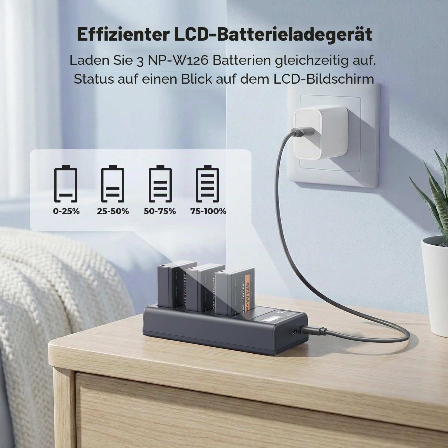 K&F CONCEPT NP-W126 NP-W126S Akku(3er-Pack) und verbessertes 3-Fach-Ladegerät, kompatibel mit Fujilm x Half AKKU XM5, X100VI, X100V, XS10, XT30, XT30 II, XT20, XE4, XE5,A5 Kameras
