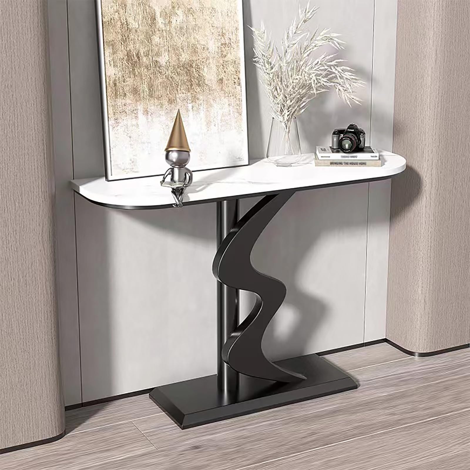 Mesa de entrada delgada con losa de piedra y resistente estructura de hierro para pasillos estrechos