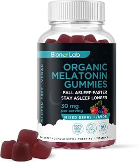 BionerLab Melatonin Gummies (30mg) Enhanced with L-theanine & Vitamin B6 for Adult Women Men - Extra Strength Chewables Calm Gummy - Gluten Free