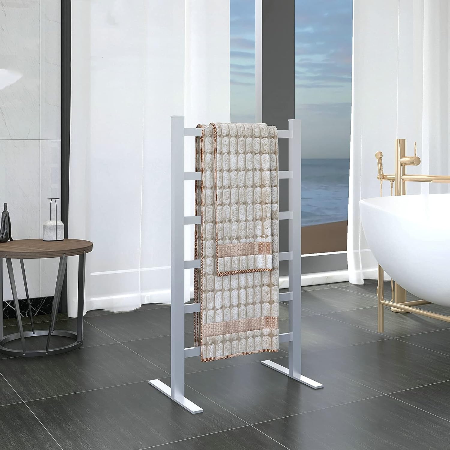 Electric Towel Warmer, Floor-Standing 6 Square Bars Heated Towel Drying Rack for Bathroom, Premium Aluminum Alloy Plug-in Heated Towel Rail with Waterproof Switch, Silver