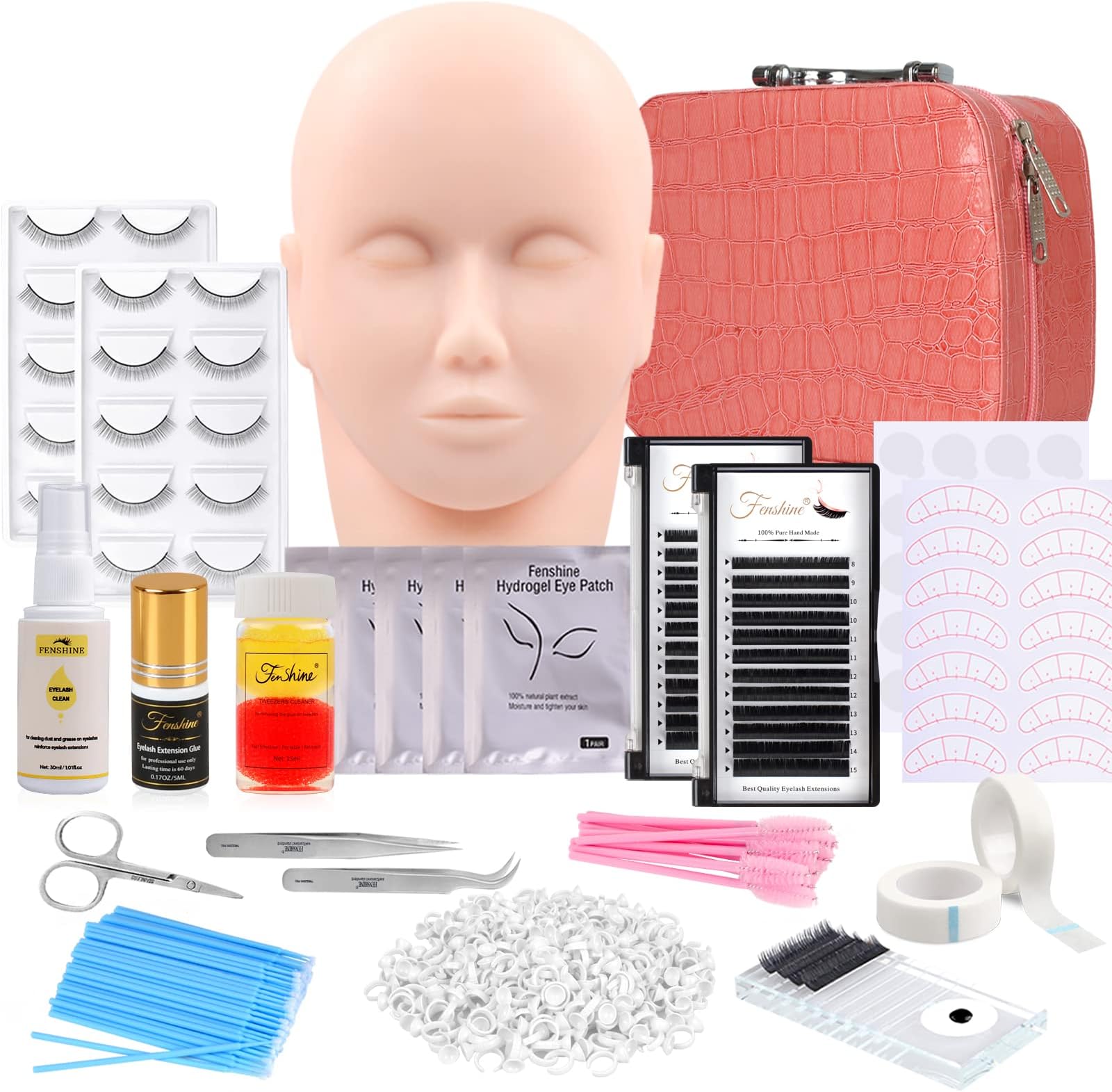 Eyelash Extension Kits, 17Pcs Professional Eyelash Grafting Training Tools Lashes Extension Practice Exercise Set with Mannequin Head Makeup Bag Glue Tweezers for Practice Eye Lashes Graft (17PCS)