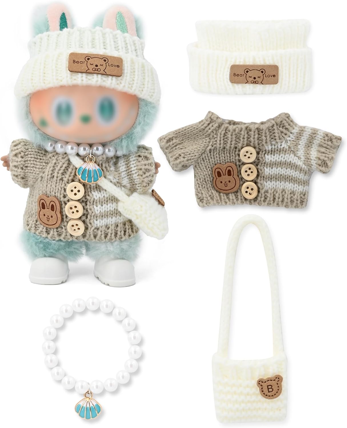 Doll Outfits, Clothes for Labubu 17cm Doll, 4-Piece Knitted Doll Clothes Set – Striped Sweater, Beanie Hat, Mini Bag & Shell Bracelet, Brown
