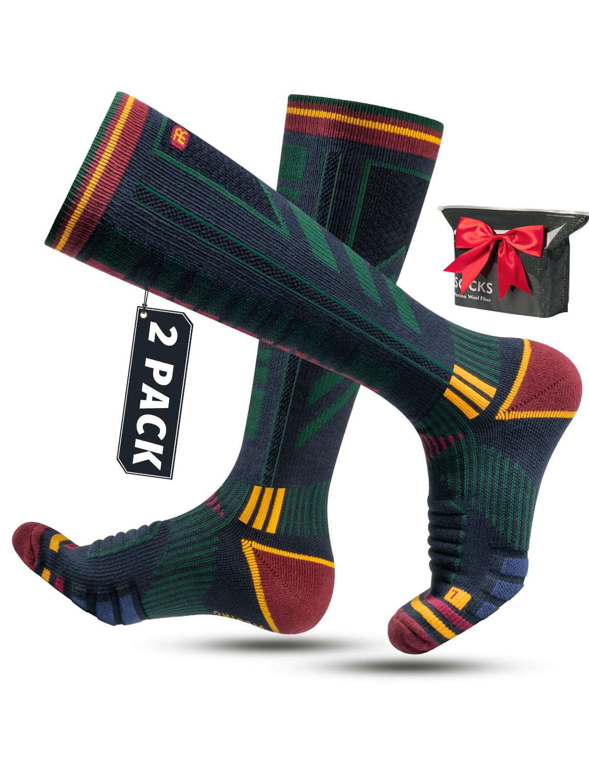 Lana Merino Termiche Calzini Sci Uomo 43-46, Tieniti al Caldo, Traspiranti, Ad Asciugatura Rapida, Compressione Snowboard Calze Sci Uomo (2 Paia)