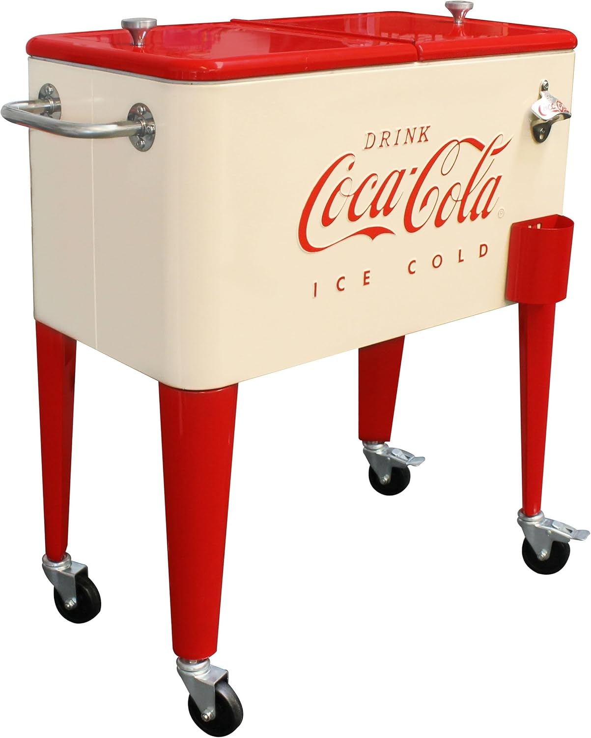 Leigh Country Coca-Cola 60 Qt Vintage Rolling Cooler with Wheels - Cream & Red Insulated Ice Chest for Patio Parties