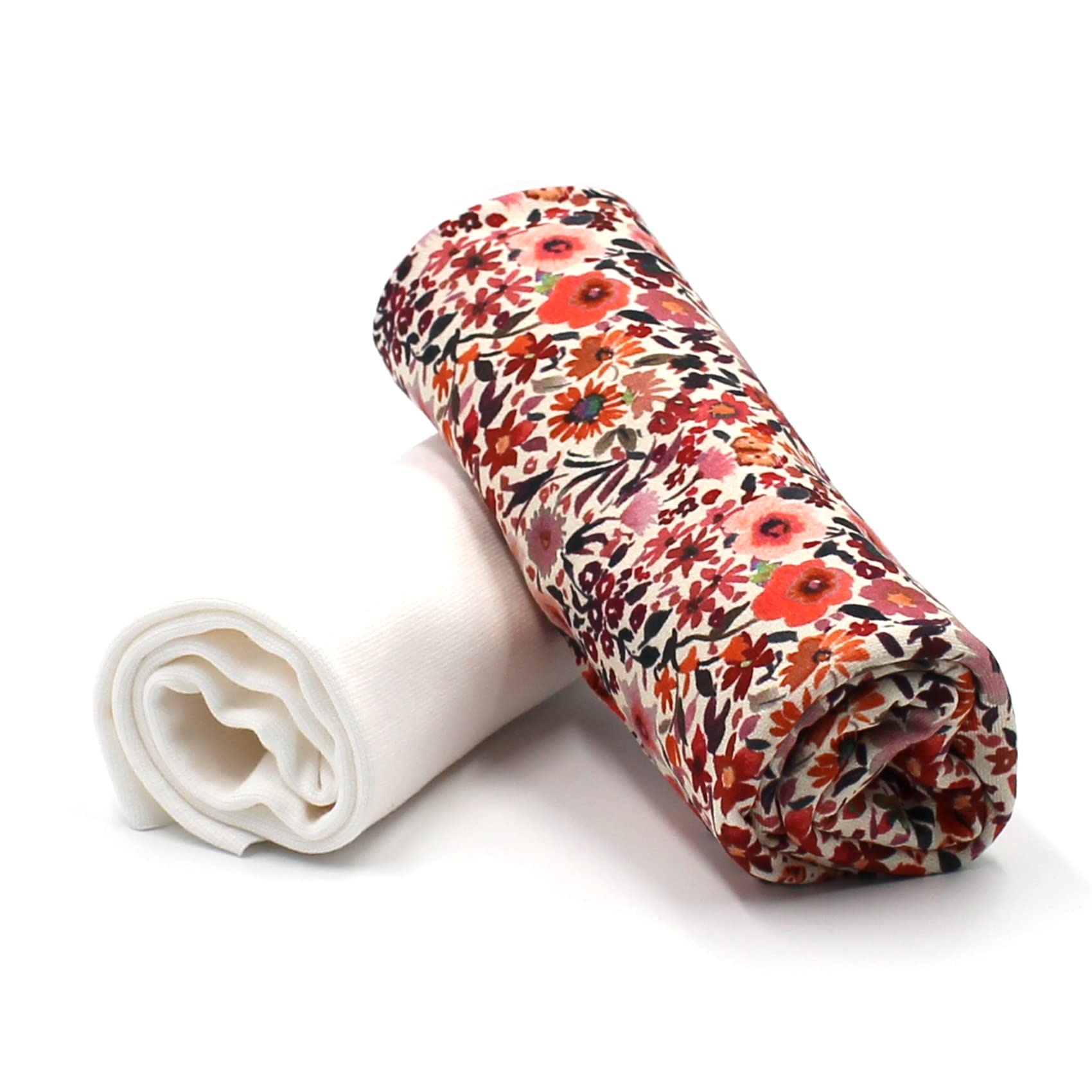 Fabric Package 0.5 m Jersey + 0.5 m Cuff Fabric for Sewing Children's Clothes Jersey Fabric (Redish Flowers + Ecru (Set47))