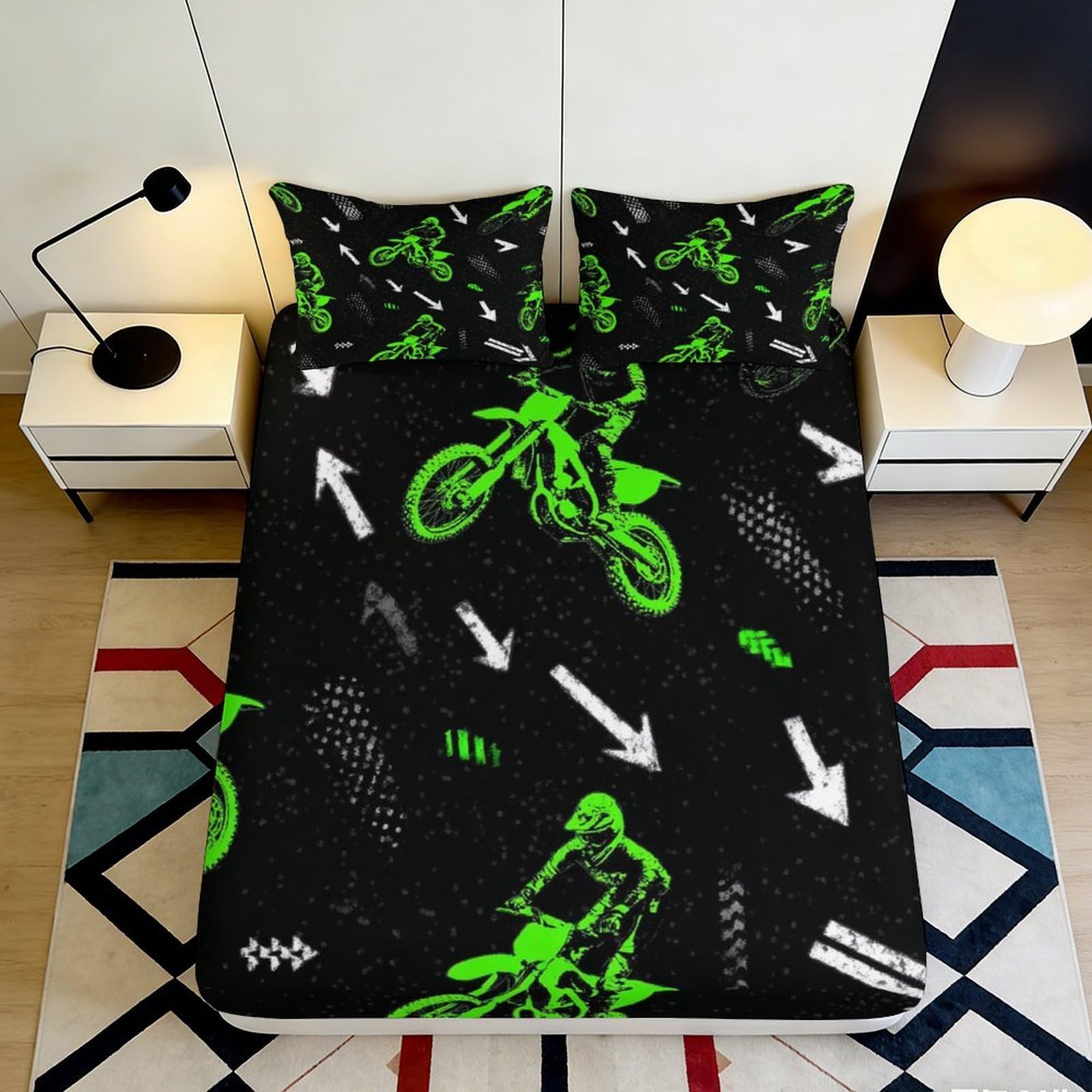 Vivid Decor Black Green Motorcycle Fitted Sheet 3D Printed Microfiber, Soft Touch, Wrinkle Resistant, Apartment Bedding, Bedroom 90x200x25cm