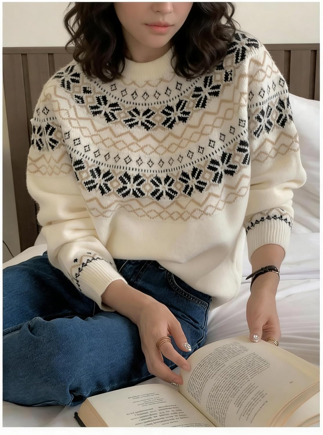 SHENHE Women's Crew Neck Jacquard Knitted Casual Loose Long Sleeve Pullover Sweater Tops - Image 5