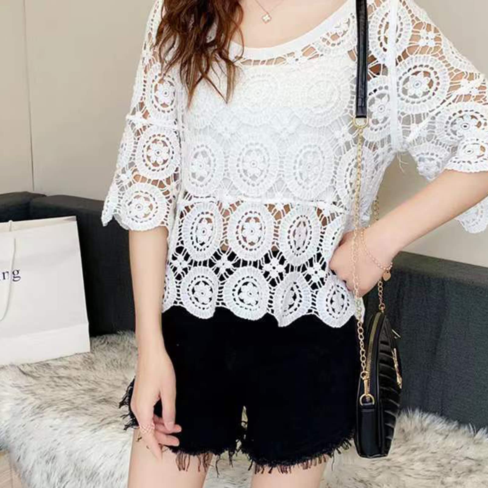 T-shirt d'été à manches 3/4 pour femme - Style bohème hippie - En tricot - Motif floral
