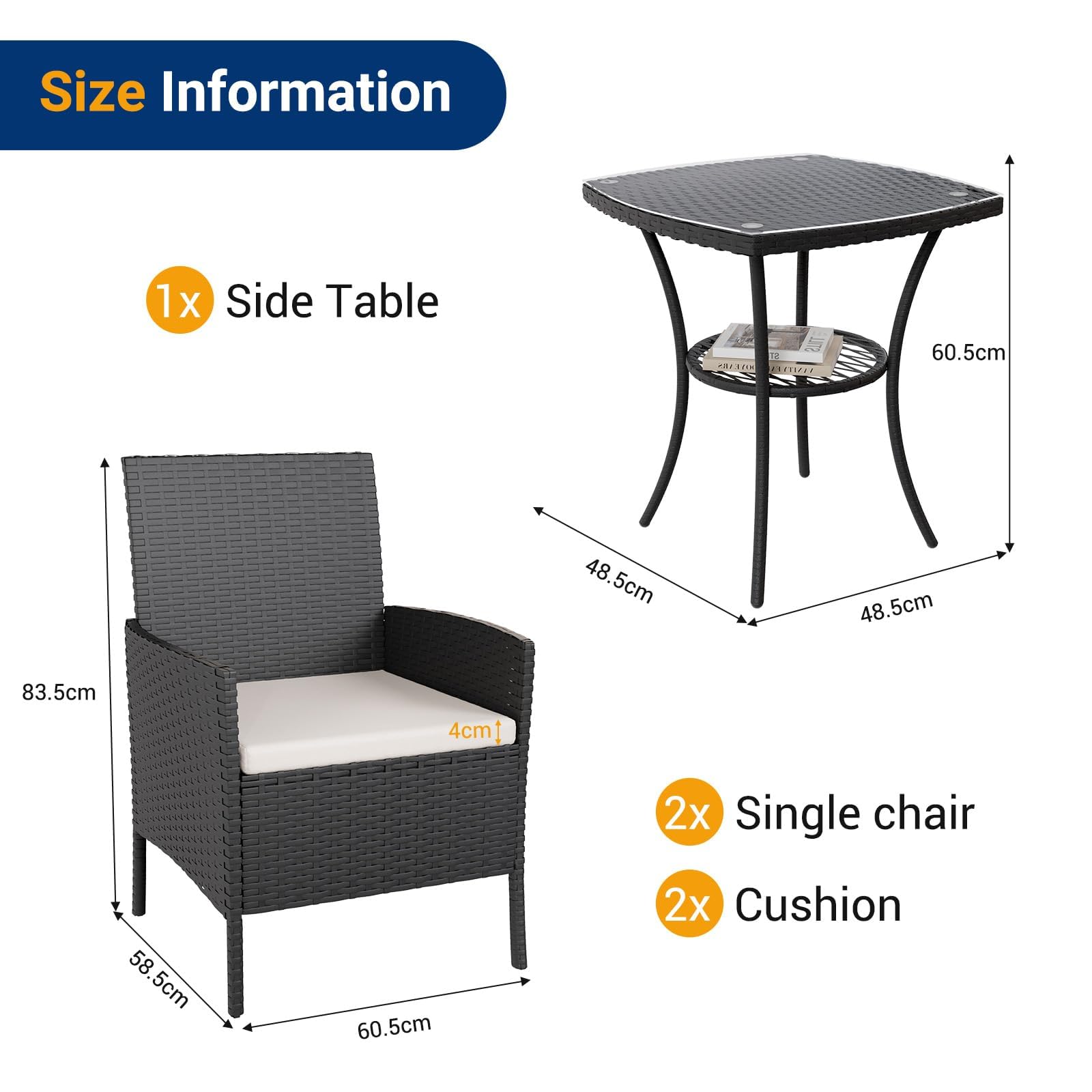 UDPATIO Salotto da Giardino in Rattan, Set Mobili da Giardino 3 Poltrone e Tavolino, Struttura Metallica, Vetro Temperato, Nero