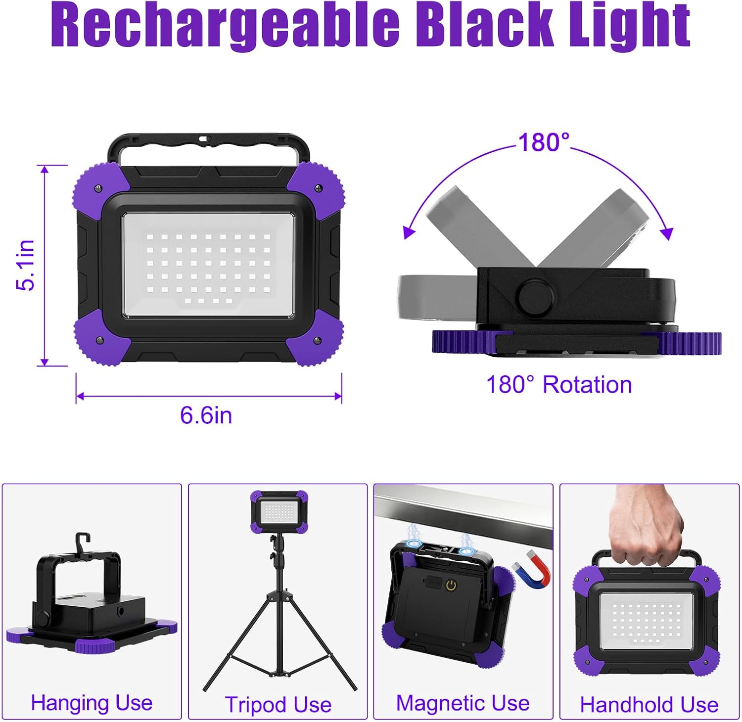 T-SUN Rechargeable Black Lights, Battery Powered Blacklights for Halloween | Cordless Black Light, 400-405nm Portable Black Flood Lights Waterproof, Blacklights for Glow Party, Fluorescent Poster 1 Pack