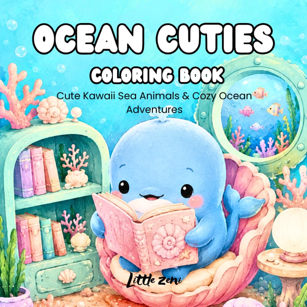 Ocean Cuties Coloring Book: Big & Bold Easy Coloring Pages Featuring Cute Kawaii Sea Animals and Cozy Underwater Adventures for Kids