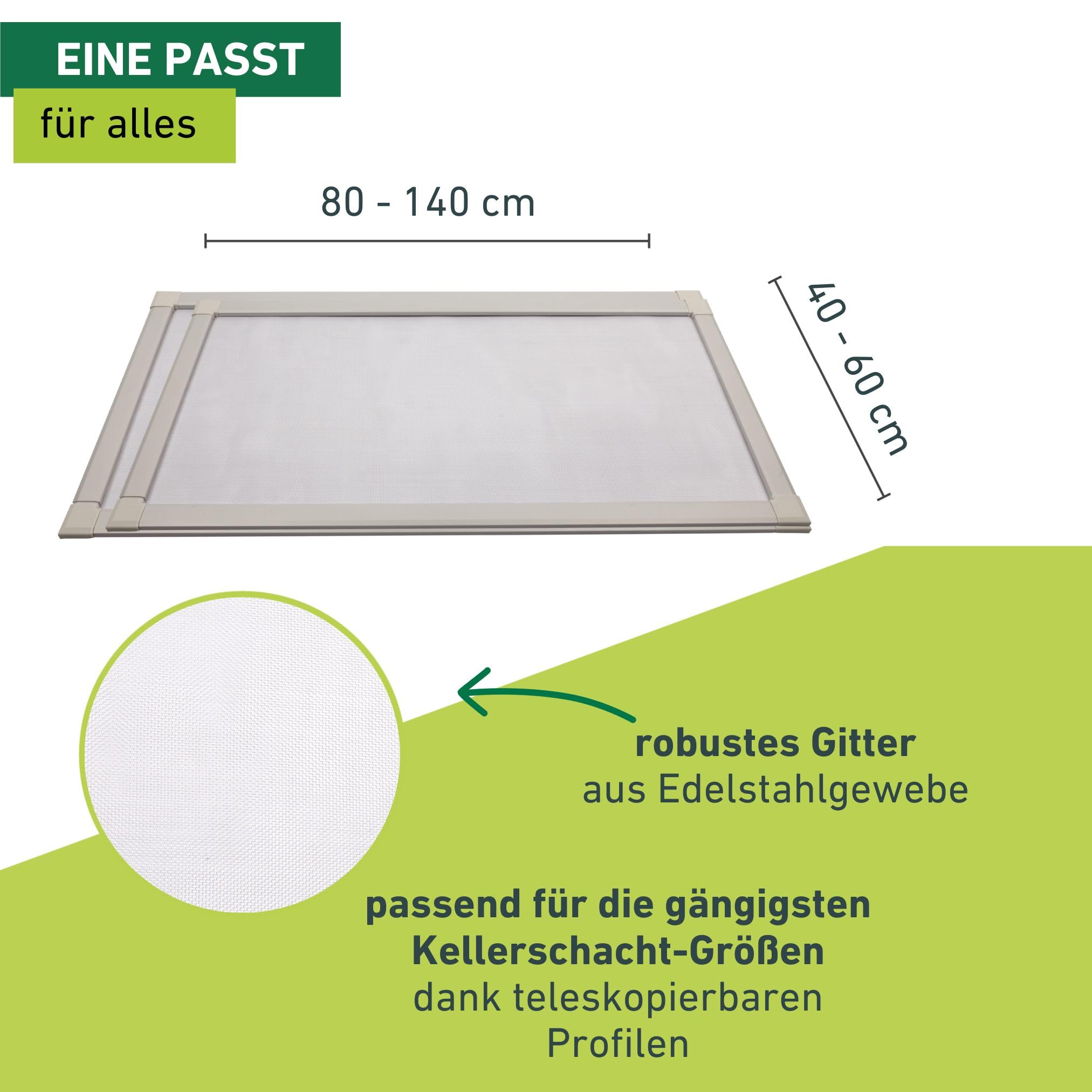 Windhager Lichtschachtabdeckung, teleskopierbar, 80-140 cm x 40-60 cm, Aluminiumrahmen, Edelstahlgewebe, 03130