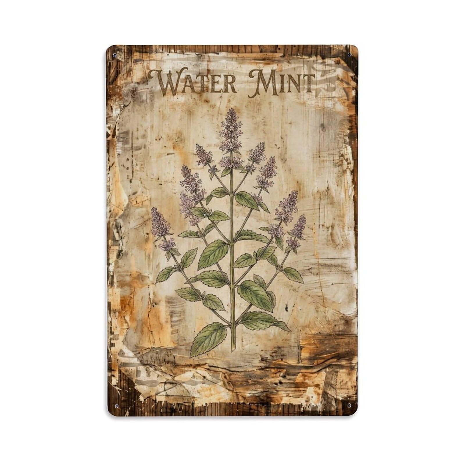 Water Mint Botanical Vintage Metal Tin Sign Plaque Wall Decor for Cafe, Club, Garden Metal Poster 8x12Inch
