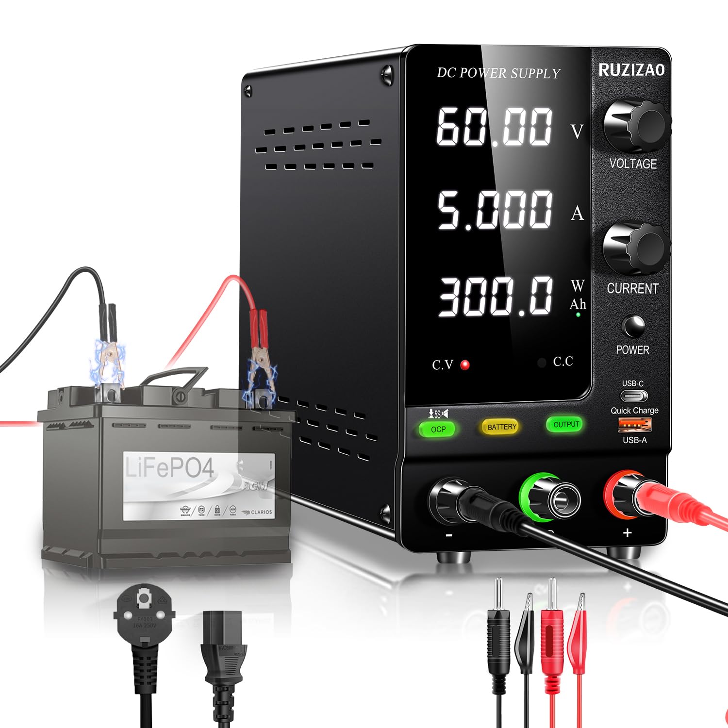 Alimentation de Laboratoire 60V 5A 300W Encodeur et Affichage LED à 4 Chiffres Alimentation Stabilisée Réglable Pour Chargement de Batterie 6~48V Alimentation de Encoder Output Ah affichage