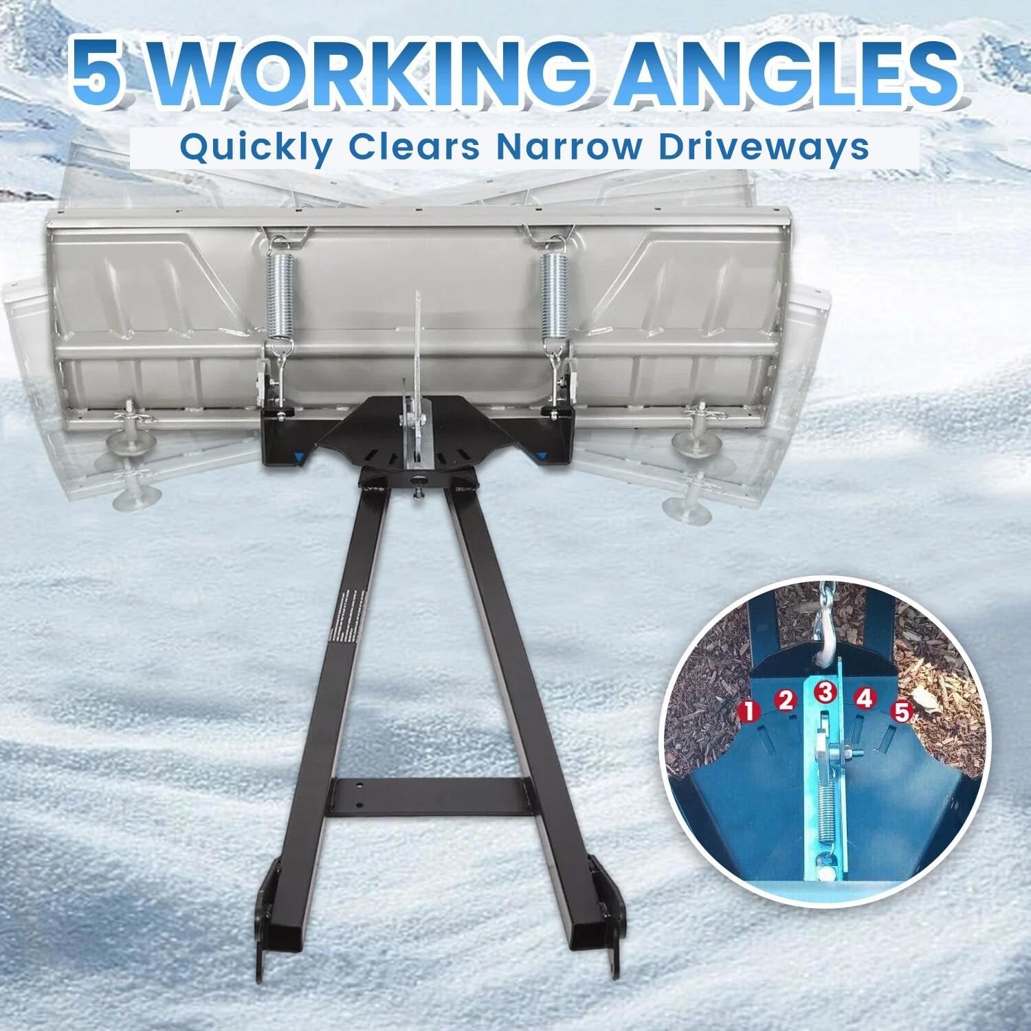Diagram showing 5-position angle adjustment for the snow plow blade
