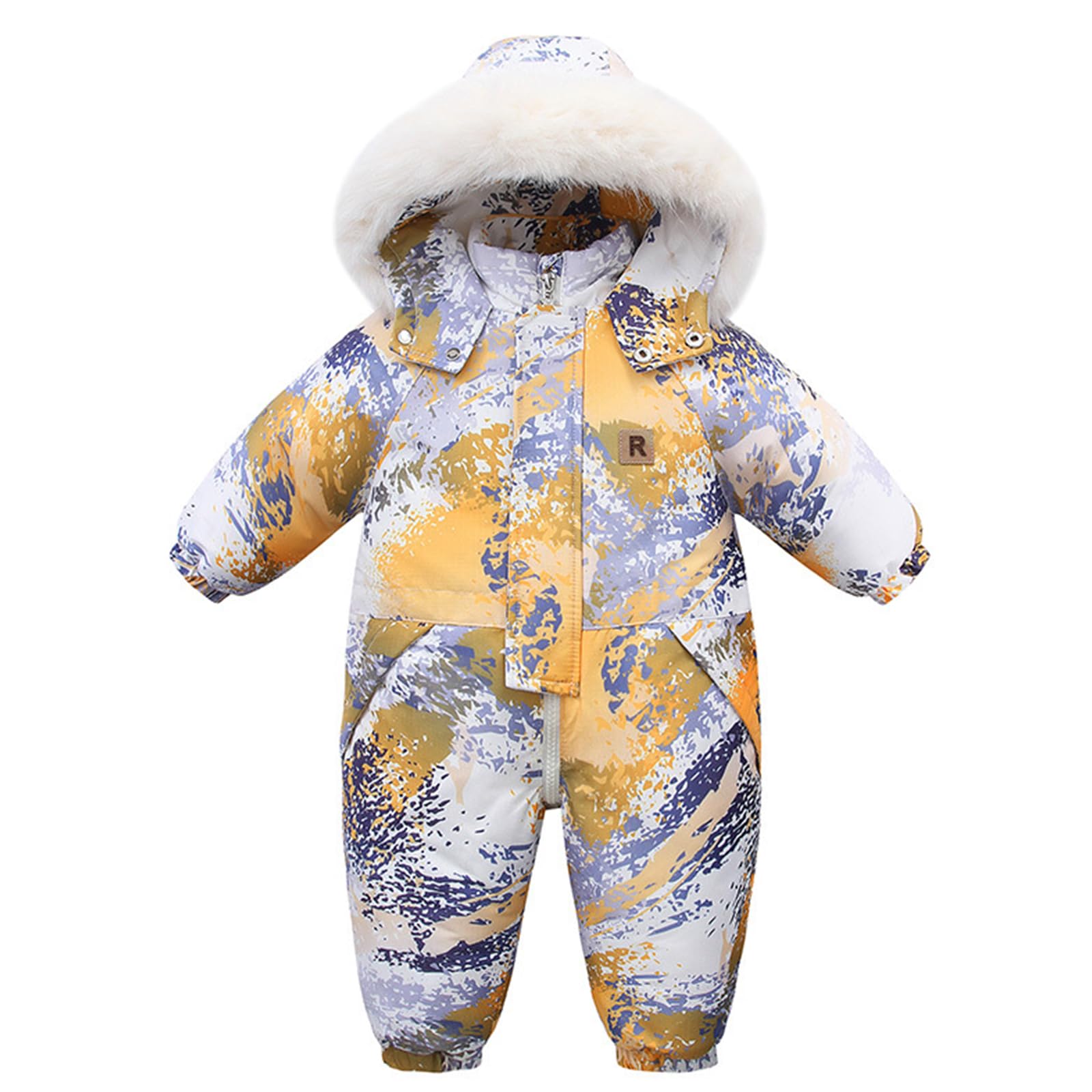 Traje de nieve para bebé con cuello de piel y capucha, mono de nieve impreso, mono de invierno, a prueba de viento, cálido, traje de esquí para niña, forro polar, grueso con cuello de piel y
