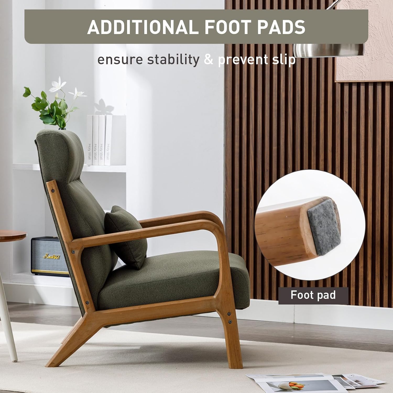 Close-up image highlighting the breathable linen fabric and 7-inch thick cushion of the ANJ Accent Chair