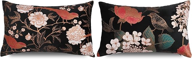 DADAFISHER Pack of 2 Velvet Decorative Throw Pillow Covers 12x20 Inch, Vintage Bird Floral Outdoor Indoor Lumbar Cushion Case, Home Decor Couch Accent Rectangle Pillowcases