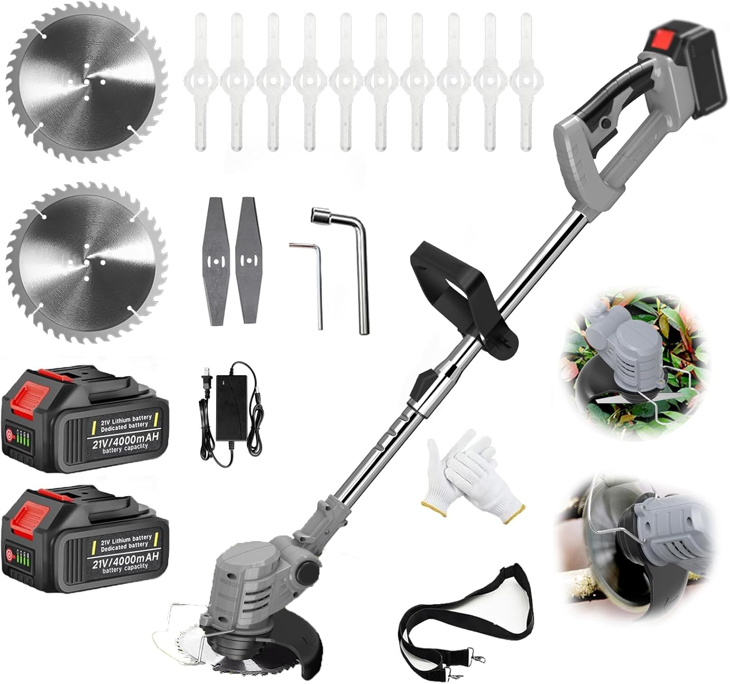 21V Akku Rasentrimmer mit Akku Freischneider Elektrischer 3-In-1 Akku Motorsense Rasentrimmer Mit 2 Batterien, Elektro-Trimmer Garten Rasen Unkraut Trimmer für Garten, Hof