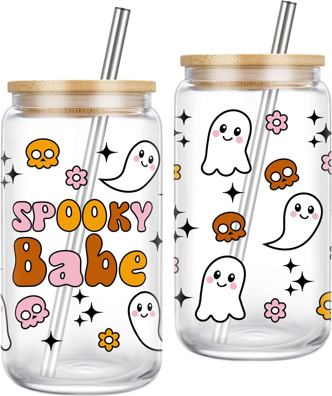Fairy's Gift Halloween Spooky Cup, Cute Ghost Glass Tumbler with Lid and Straw, Spooky Babe & Ghost Skulls Cup, Cute Ice Coffee Tumbler - Boo Basket Stuffers, Halloween Gifts for Women, Teens, Her