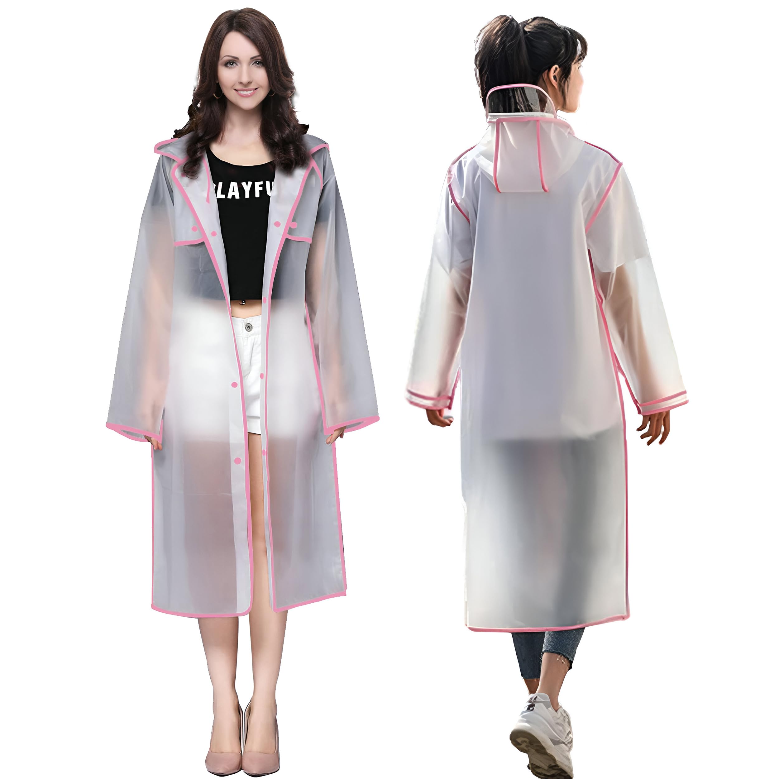 HACER EVA Raincoats Transparent Reusable Water Resistant with Hood and Sleeves for Women Men Camping Rainy Season Travel (X-Large, Pink)-image-10