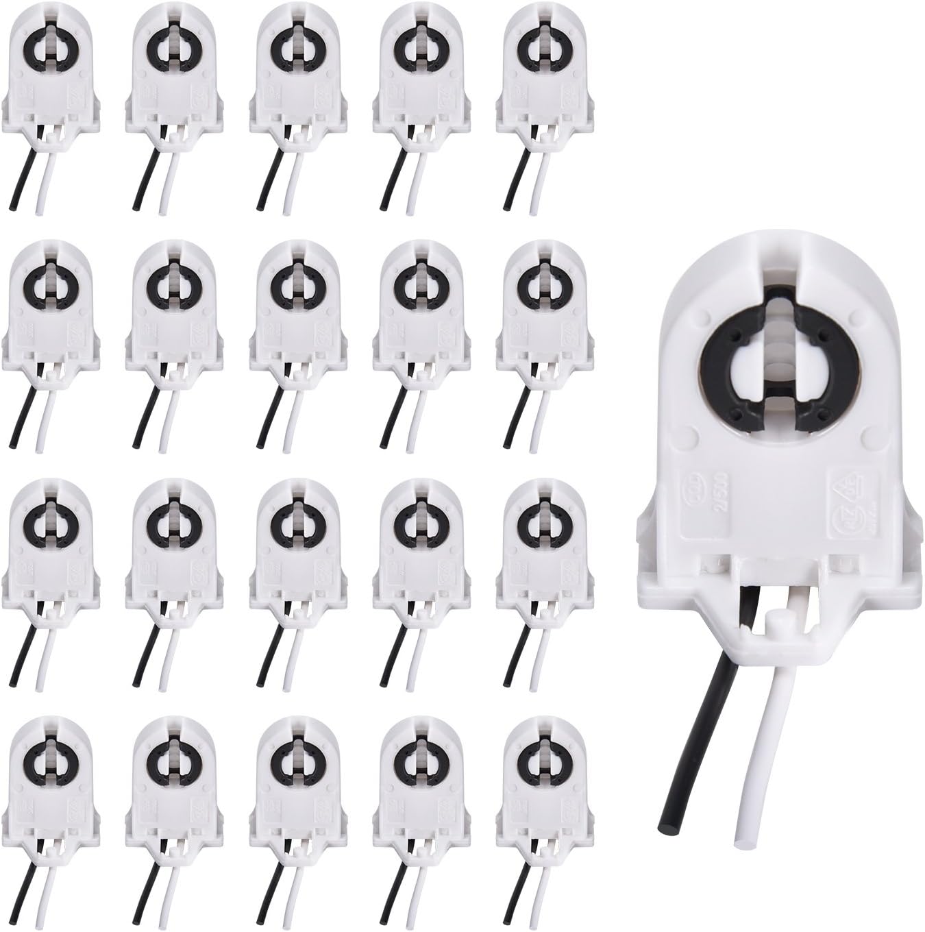 JACKYLED Screw Type T8 Lamp Holder with wires 50-Pack UL Non-shunted Tombstone Light Socket for LED Fluorescent Tube Replacements - - 