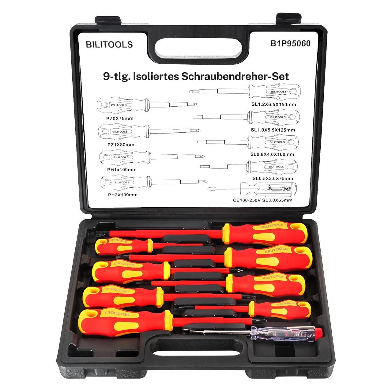 BILITOOLS Tournevis Electricien 9 Pièces Coffret de Tournevis Isolés 1000V VDE/GS avec Testeur de Tension – Outillage Électrique Professionnel avec 8 Embouts Magnétiques