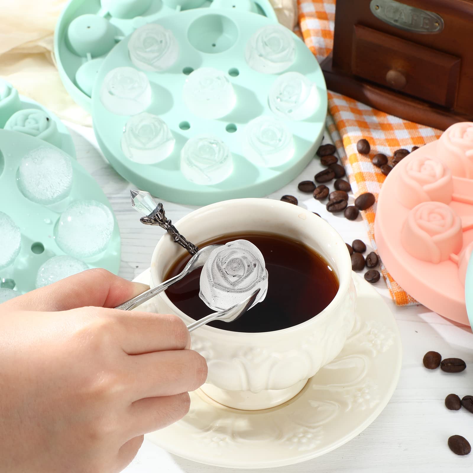 Hsei 2 Pieces 3D Rose Ice Mold 1.4 Inch Silicone Flower Ice Cube Trays Rose Silicone Mold for Freezer Whiskey Wine Cocktails Juice Bourbon Mimosas, Dishwasher Safe, Pink, Green
