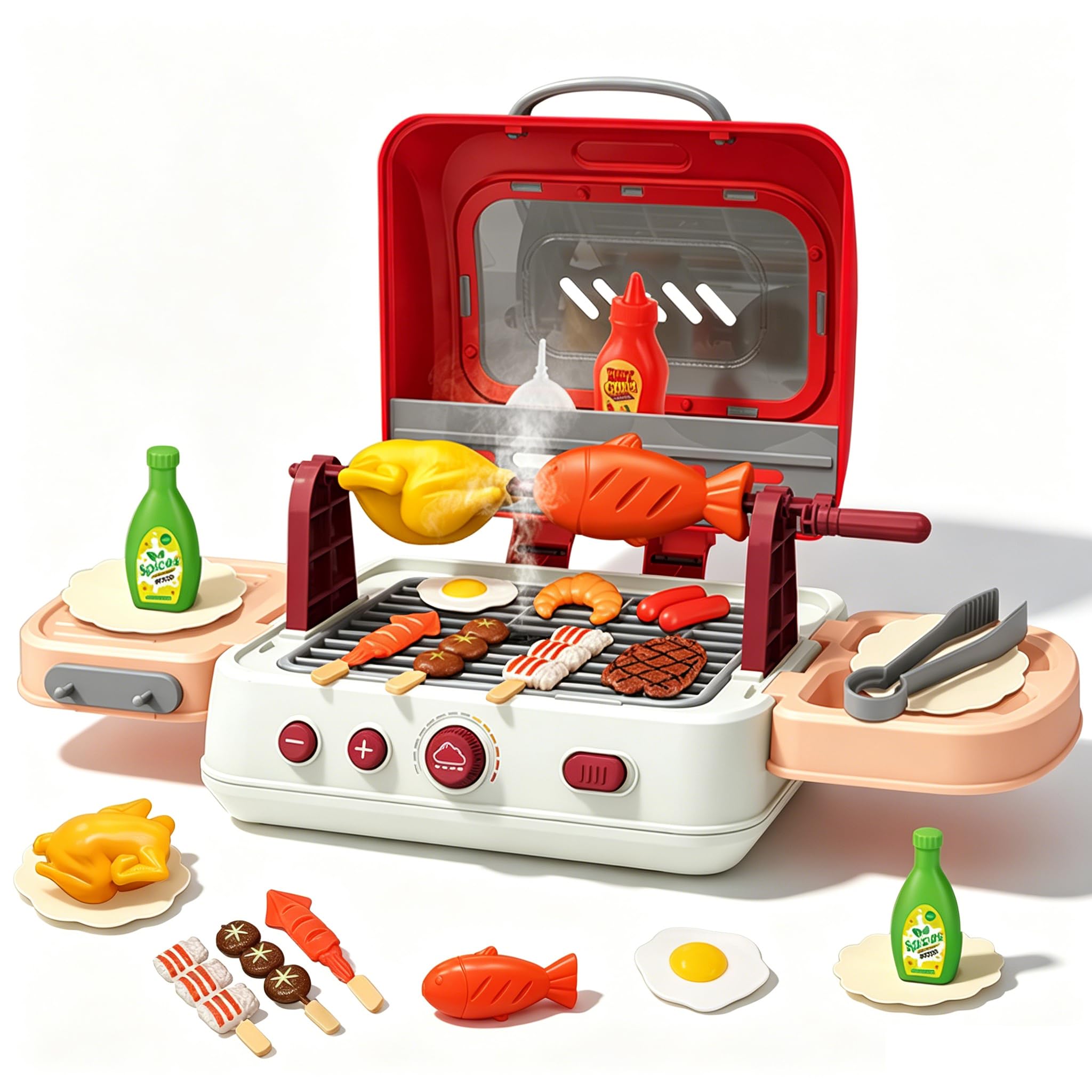 Set di giocattoli per barbecue per bambini con rumori di fumo e luce, accessori da cucina, barbecue interattivo, per bambini dai 3 agli 8 anni (RED)