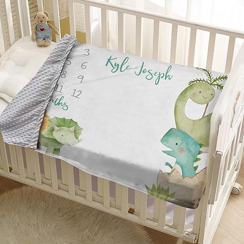 Miniatura 5 de Manta de hito mensual para bebé, nombre personalizado con fondo de fotografía de diseños de dinosaurios, manta de felpa suave con respaldo punteado