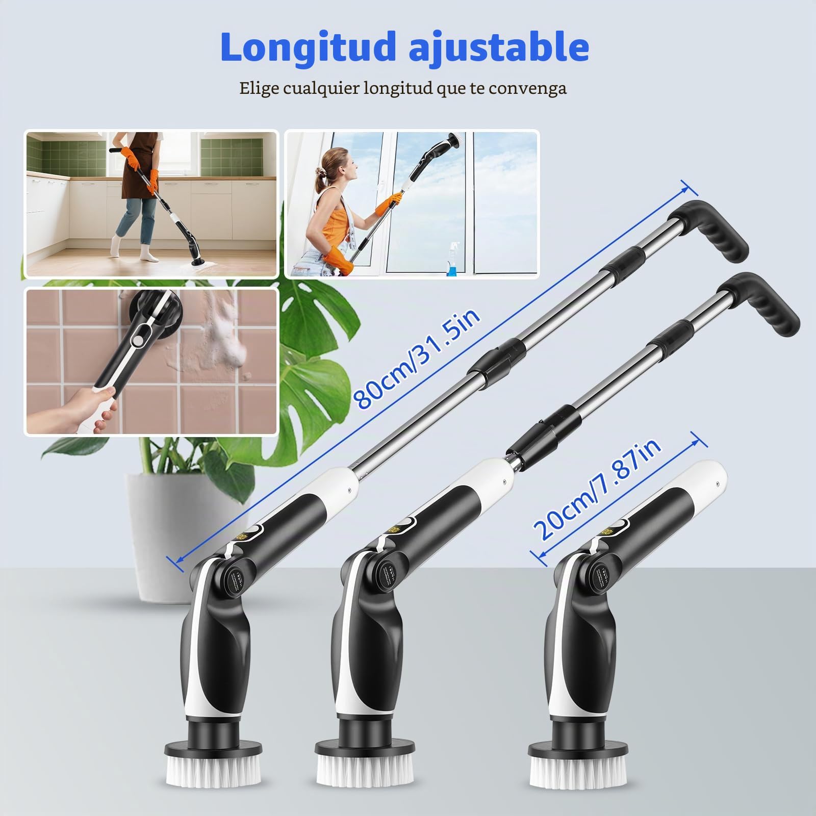 Cepillo Eléctrico Limpieza Hogar, Inalámbrico 129 cm con 8 Cabezas 450 RPM 6 Ángulos IPX7 Ajustables Cepillo Limpieza Baño para Azulejos, Cocina y Suelos