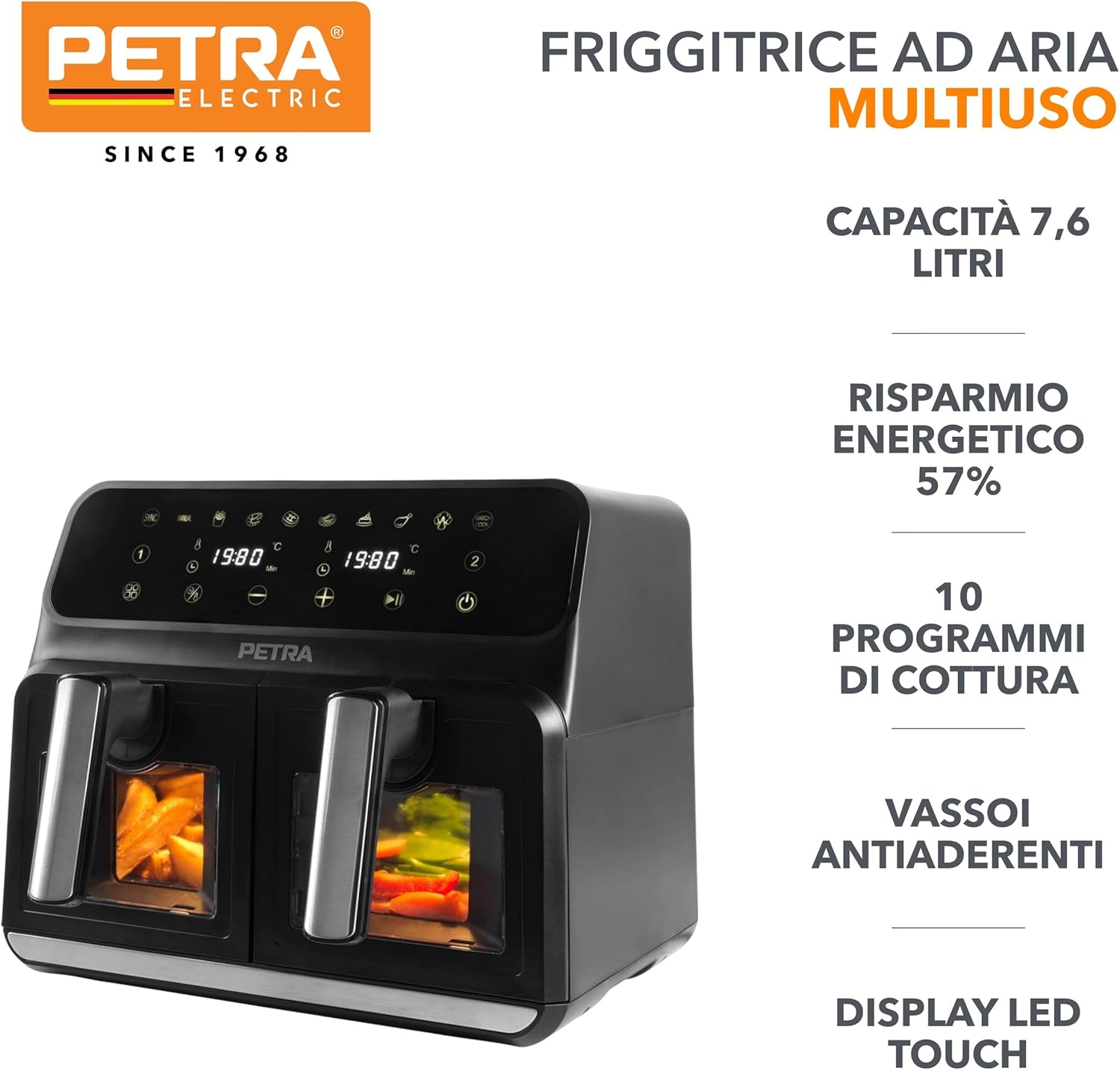 Petra PT5196GWVDE Dual Air Fryer placed on a kitchen counter