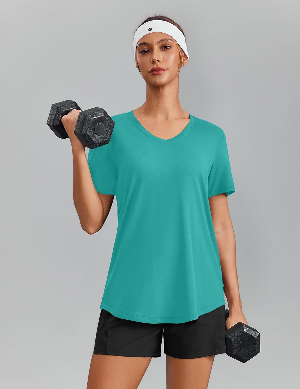 PINSPARK Soft Workout Tops for Women Short Sleeve V Neck Moisture Wicking UPF 50+ Sun Protection Quick Dry Gym Shirts
