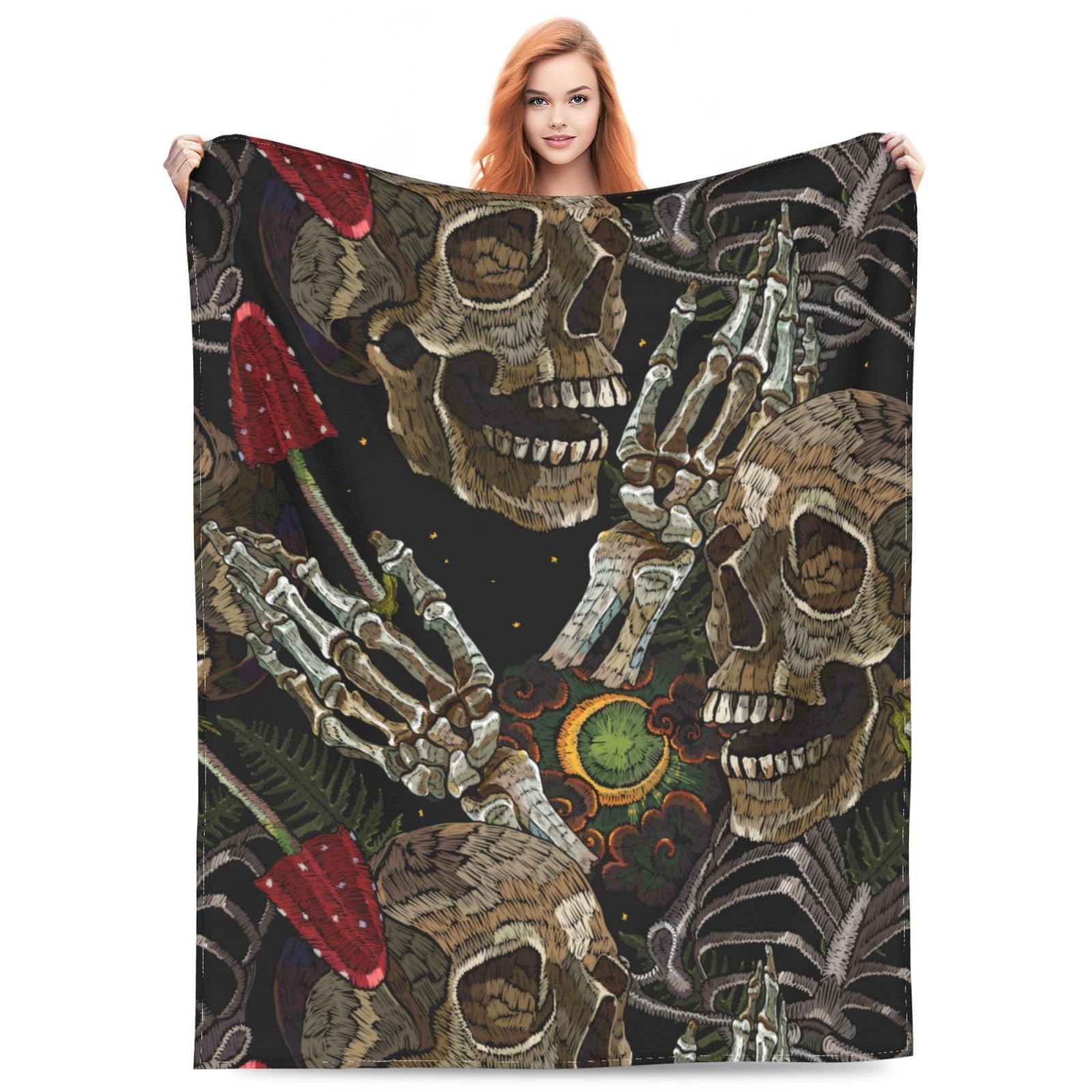 Mushroom Moon Skull Blanket Dark Gothic Fairy Tale Skeleton Hands Horror Skull Gifts Night Autumn Forest Art Blanket for Adult Kids Soft Flannal Blanket for Bed Couch Sofa Christmas Decor 80X60 Inch — image 1