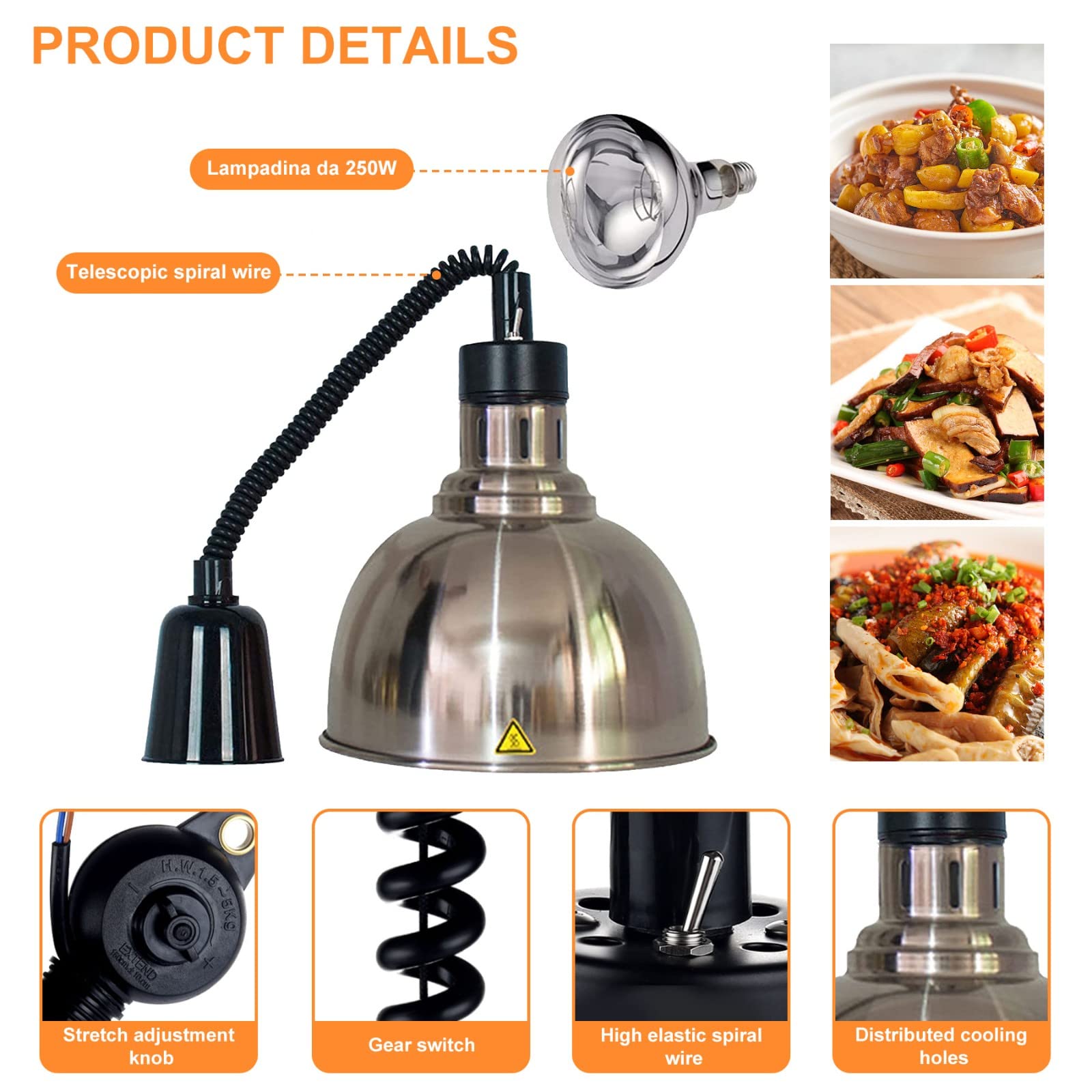 Lampe Chauffante Restaurant, Lampes Chauffantes pour Buffet Fêtes, Commercial Rétractable Lampe Chauffante avec Ampoule de 250W pour Réchauffer Les Aliments, Acier Inoxydable(Size:2pcs)