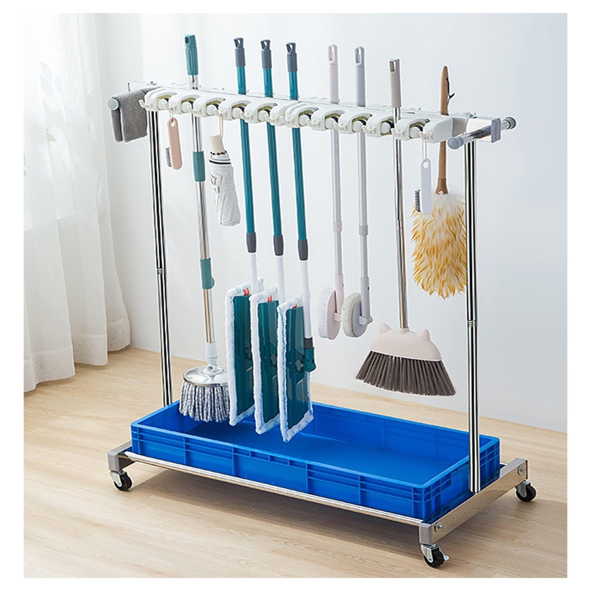 AYCDL Commercial Mop Rack with Wheels - Movable Mop Drain Rack for Wet Mops, Ideal for Garden, Garage, Schools, Hotels,Blue-5 slots