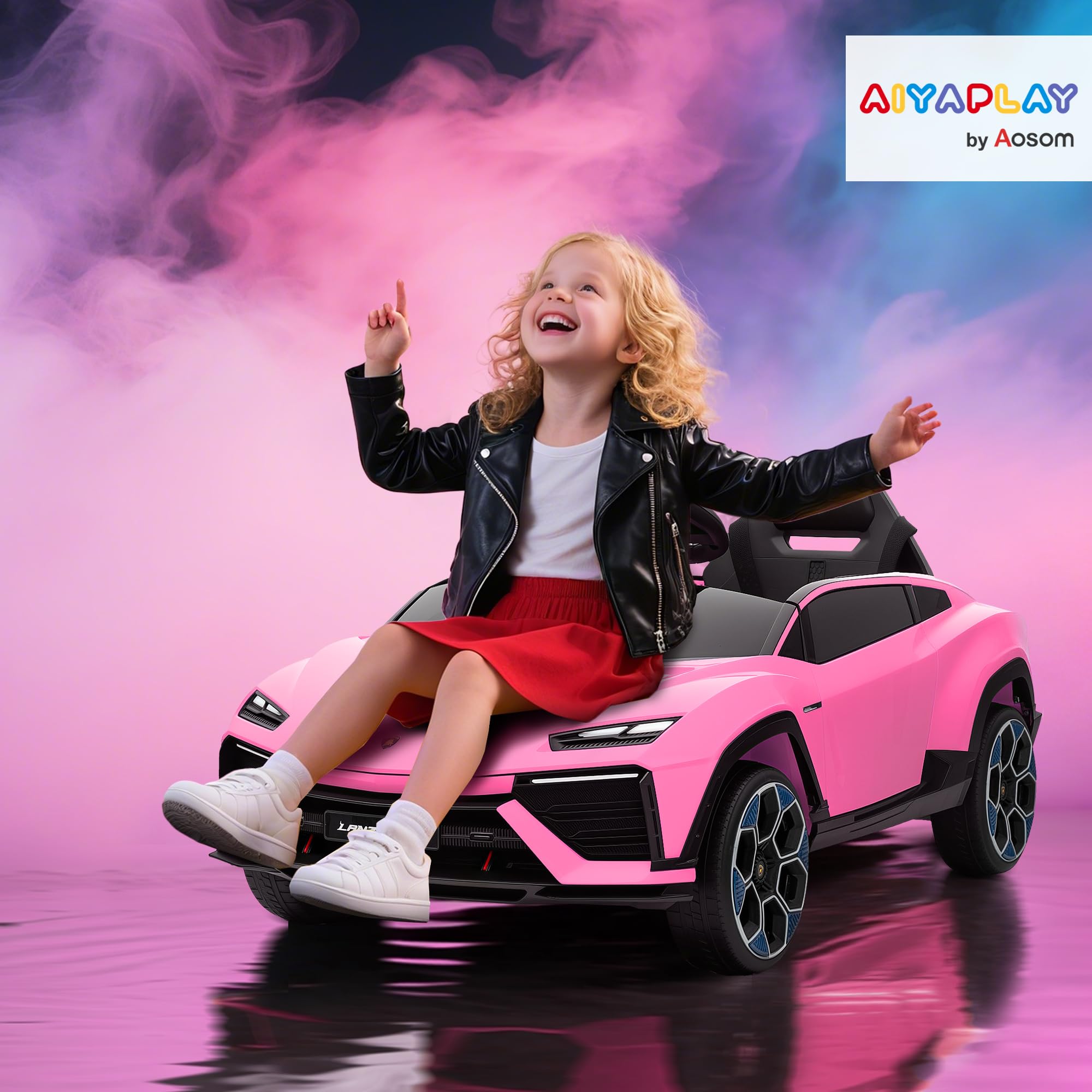 AIYAPLAY Coche Eléctrico para Niños de +3 Años, Lamborghini, Coche de Batería 12V, con Mando a Distancia 2,4 G, Motor Doble, Ruedas con Suspensión, Faros, Música, USB, Rosa