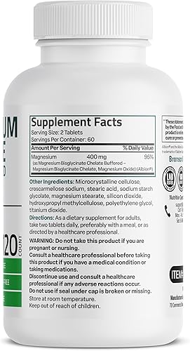 Miniatura 2 de Bronson Glicinato de magnesio 400 mg extra fuerte, vegetariano, quelado para absorción suave en el estómago, sin OMG, 120 tabletas